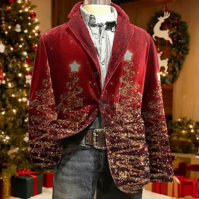 Suit Coat Corduroy Winter Jacket Slim Fit Single-Breasted Suit Jacket Lapel Long Sleeve 3D Christmas Themed Print Outerwear