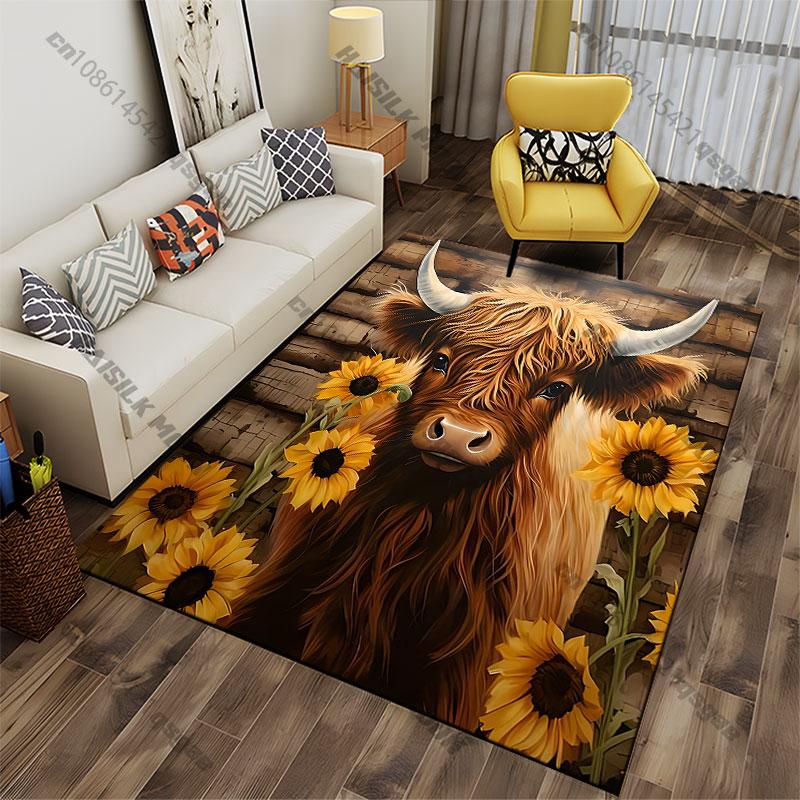 Hochlandkuh mit Sonnenblumen Teppich Yoga Wohnzimmer Zimmerdekoration Kinder Krabbelmatte Fußmatte Bereichsteppich Spielmatte