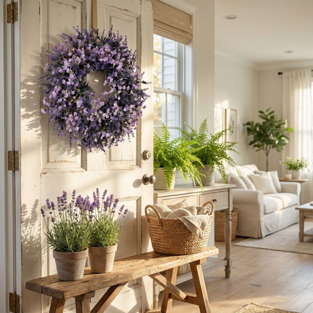 Lifelike Artificial Lavender Wreath Vivid Colors Fake Flower Wreath Spring Wreath  Wall Hanging