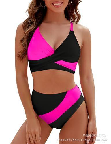

Women s new split contrasting swimsuit cross bikini V-neck swimsuit S