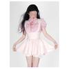 Summer suit Polo collar short bubble sleeve casual top women's strap short skirt two-piece set free bow tie