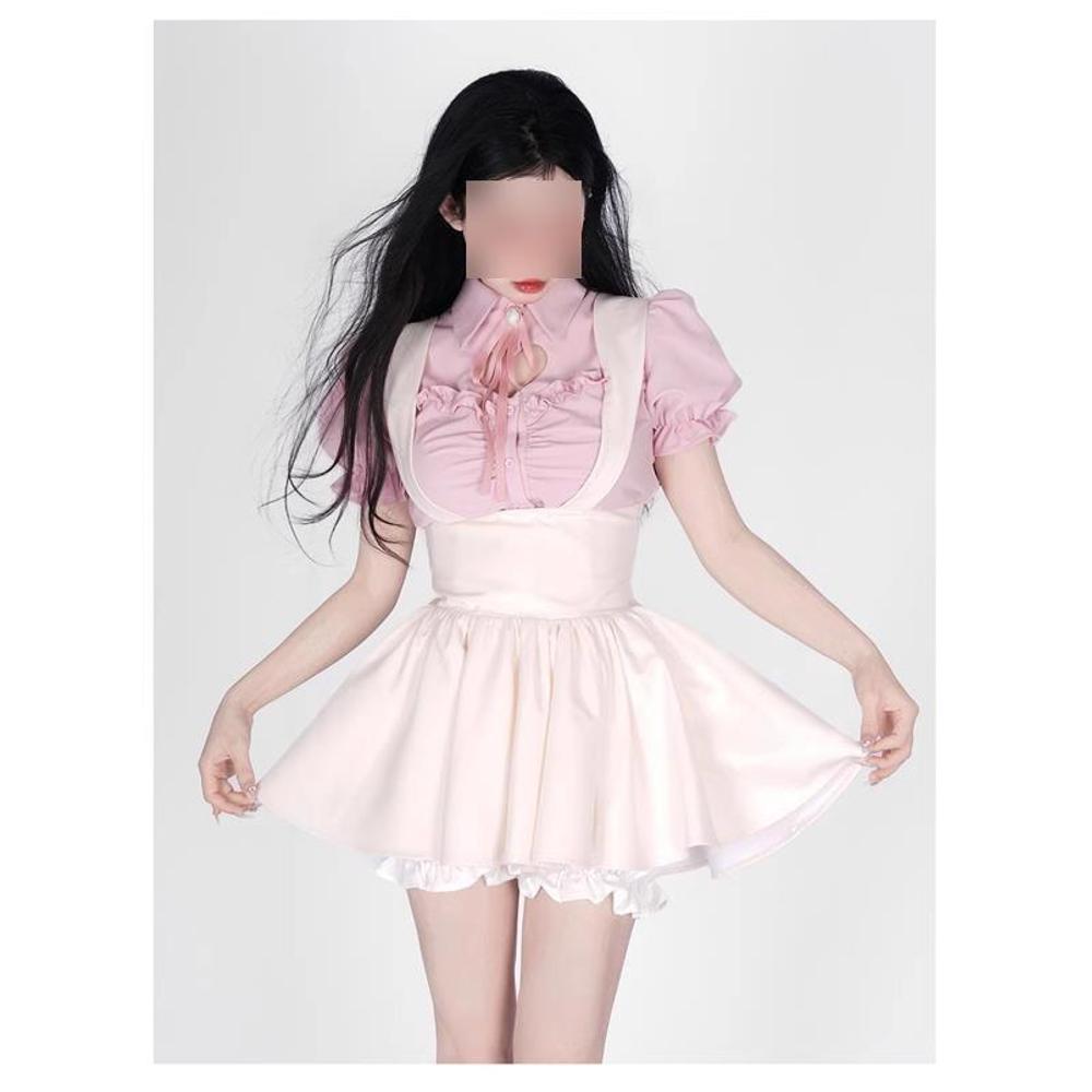 Summer suit Polo collar short bubble sleeve casual top women's strap short skirt two-piece set free bow tie