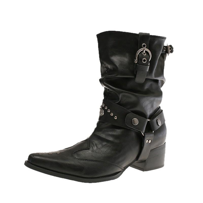 2025 super Feuer kurze Stiefel spitz dicker Absatz Frühling Nieten Stacking Stiefel V-Ausschnitt Western Cowboy Martin Stiefel Damen Britischer Stil
