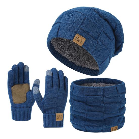 3 Pcs/Set Hat Scarf Glove Set Thick Knitted Warm Cap Great Friction Gloves Elastic Ear Protection Windproof Cycling Skiing Dome Cap Neck Wrap Set