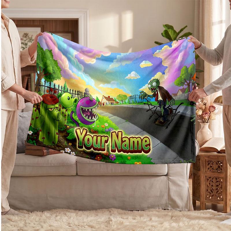 Plants vs. Zombie Personalized Flannel Blanket, Custom Printed Text Name, Warm Soft Blanket For Couch Bed