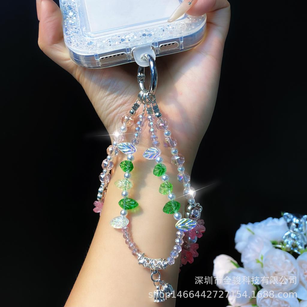 Phone Case Hanging Chain Niche Flower Green Leaf Phone Chain New DIY Chain Car Key Chain Rope Bag Hanging Decoration