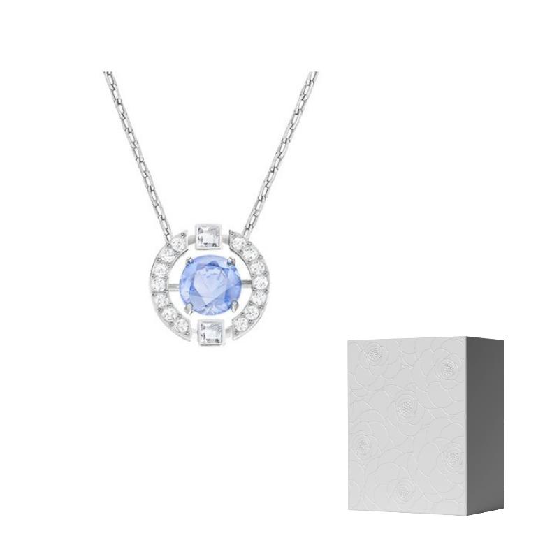 Swarovski Una Necklace Round Cut Blue Rhodium Plated F (One Size Fits All)-Camellia Embossed Gift Box синий