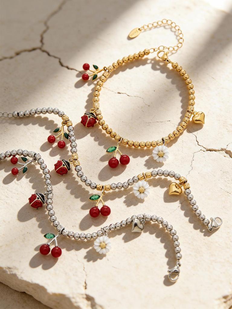 Two-Tone 18K Gold-Filled Stainless Steel Cherry Daisy Pendant Bracelet