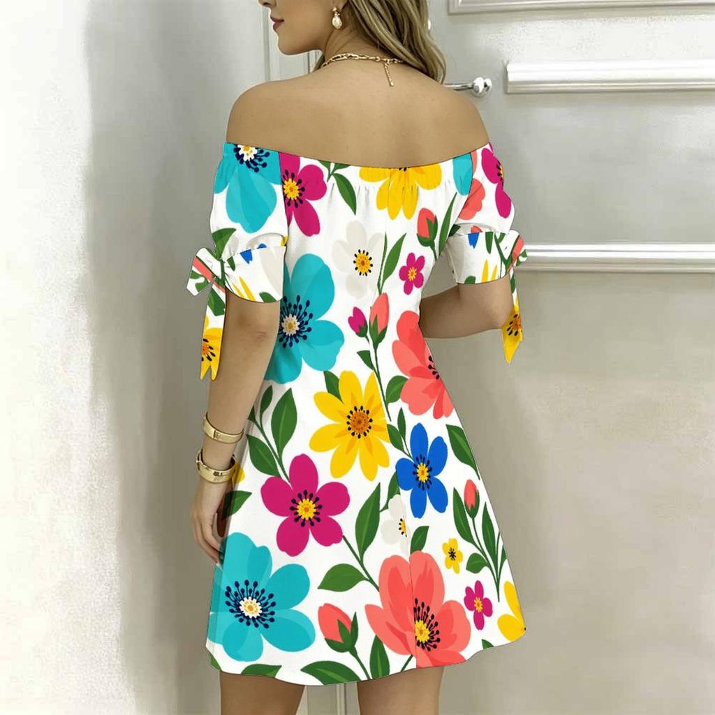 Women Plus Size Off Shoulder Short Sleeve Tie Cuff Floral Printed A Line Dress
