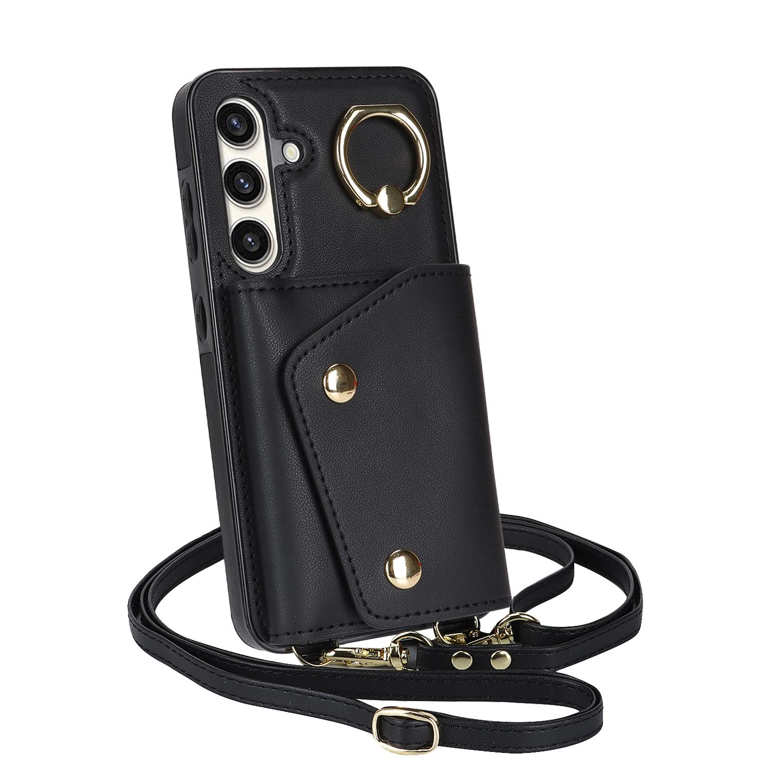 

Кошелек с защитой от падения и несколькими картами на молнии с короткой веревкой и длинной подвесной веревкой, чехол для телефона для серии iPhone/Samsung Samsung Galaxy S24 Ultra чёрный