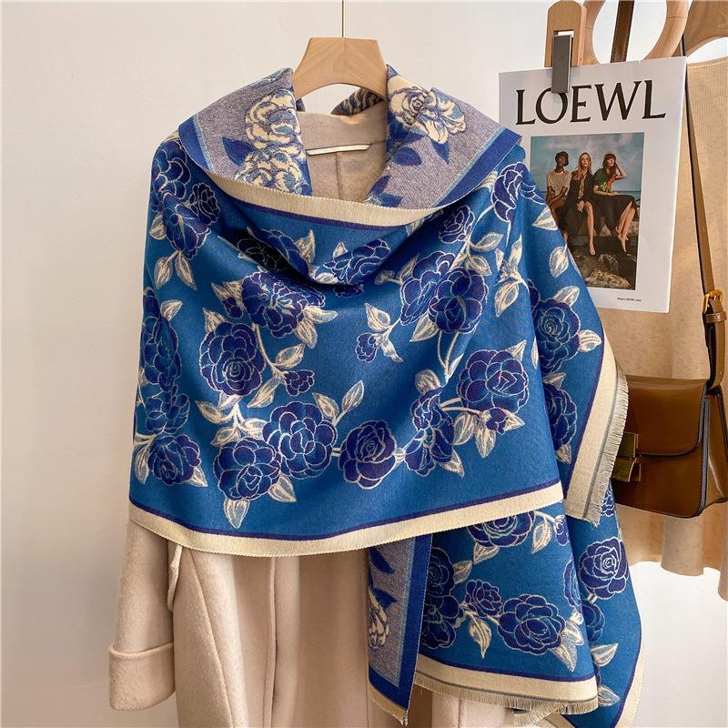 Cute flower cashmere scarf feel fringed shawl soft girl winter student scarf warm thickened scarf