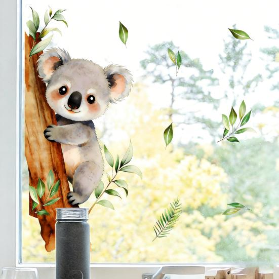 Removable Koala Window Cling Cute Koala on Branch Sticker Watercolor Animal Static PVC Decals for Kids Baby Bedroom Nursery