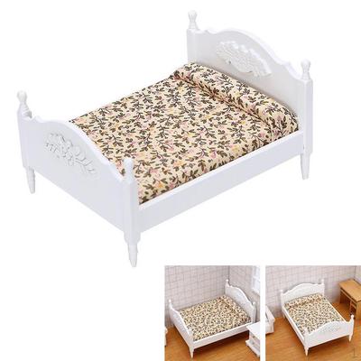 Miniature Birch Wood Upholstered Double Bed And Bedroom Accessories Furniture 1:12 Scale Doll House