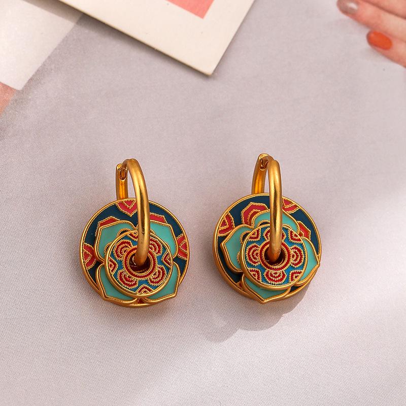 Chinese Style Multi-Wear Enamel Earrings: High-End Ethnic Retro Design for Women