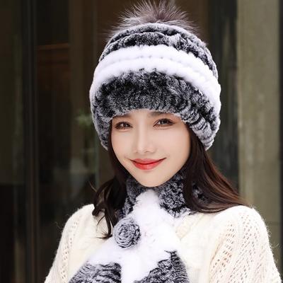 Fur Hat Female Autumn and Winter Rex Rabbit Hair Warm Ear Protection Scarf Two-piece Set Middle-aged and Elderly Grandma Casual Mother Hat