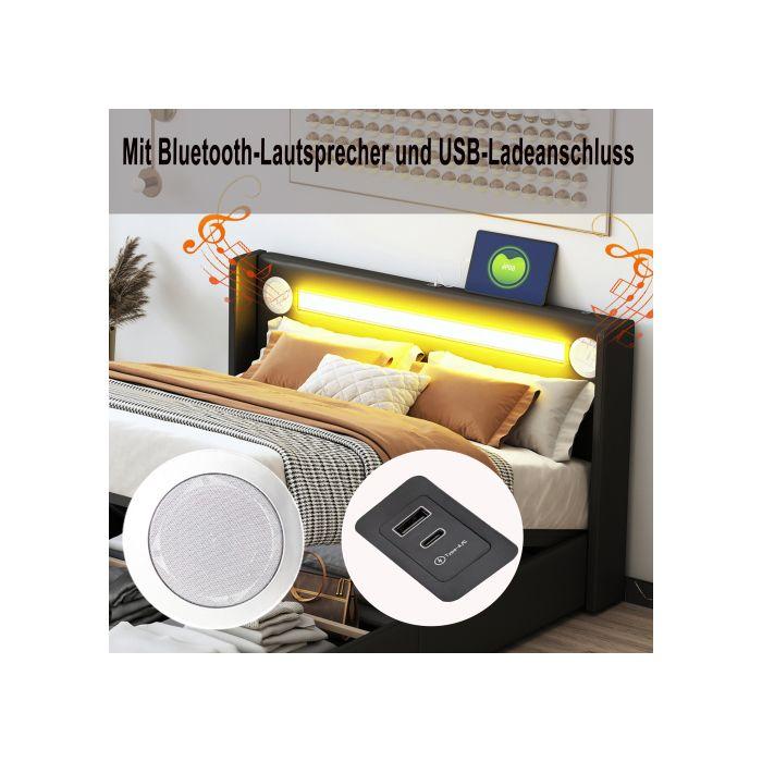 Lit 140x200 - MUVOE - Lit avec LED - Bluetooth - Rangement - Cuir PU