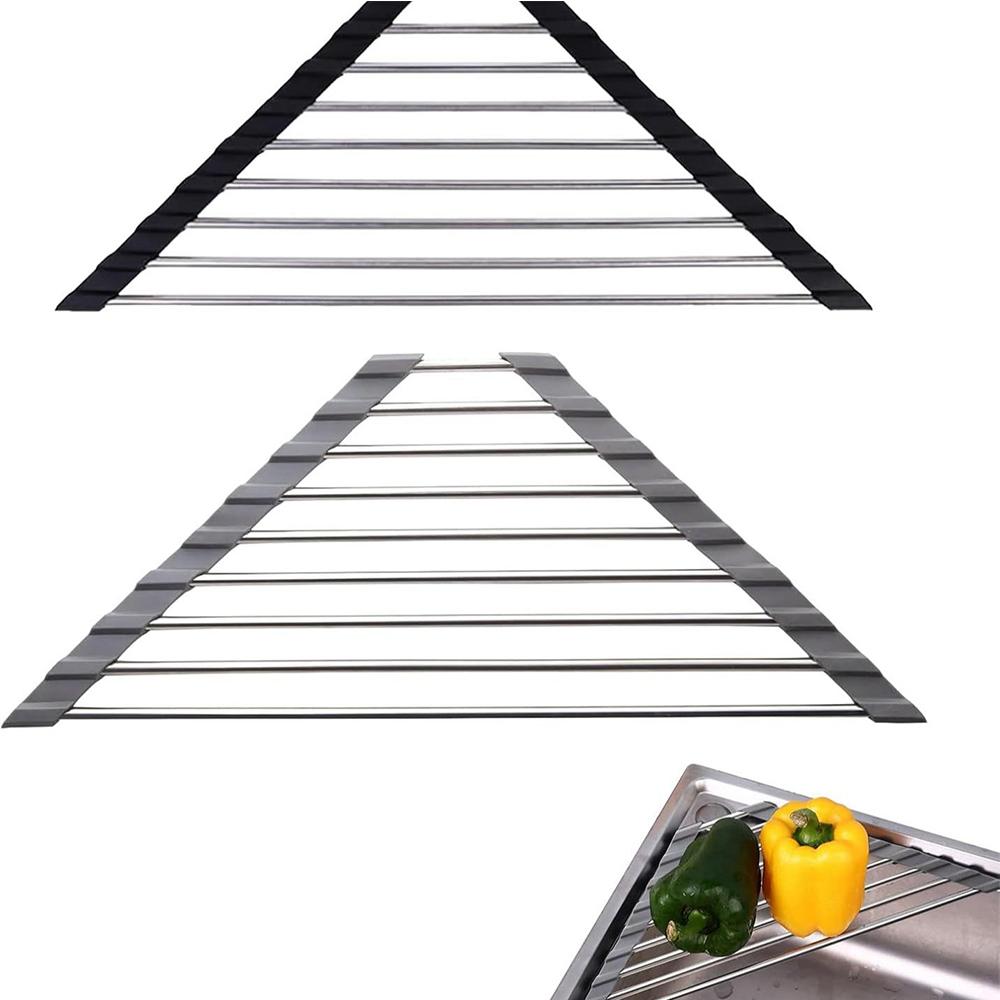 2pcs Roll Up Dish Drainer Stainless Steel Frame Dish Drainer(Black and Grey)