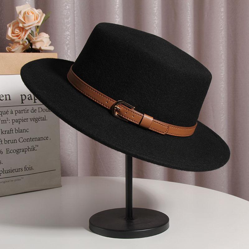 French Celebrity Flat Top Woolen Top Hat Women's Autumn and Winter Retro Versatile Flat Edge Hat British Hepburn Style Jazz Hat