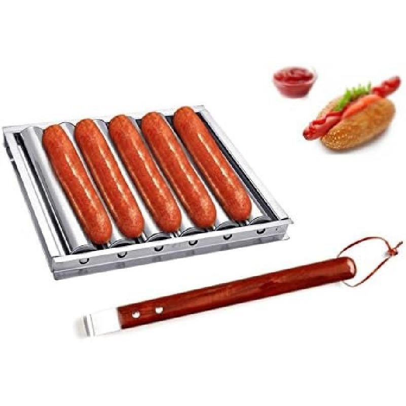 Charcoal Stainless Steel Hot Dog Sausage Roller Rack Steamer With Extra Long Wood Handle New BBQ Tools 5 Section Brat Griller hot dog roller