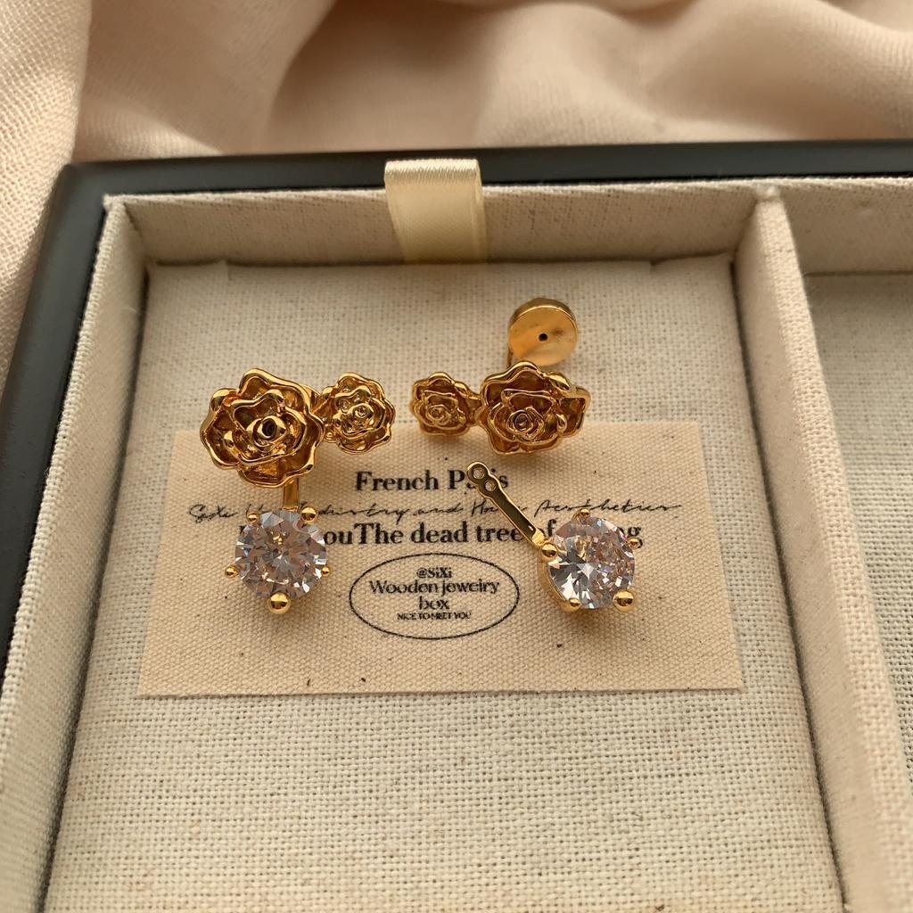 Three-dimensional gold rose bright diamond stud earrings romantic retro exquisite high-end earrings