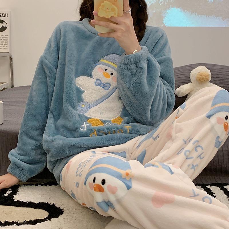 Thickened Warm Sleepwear for Winter Flannel Women Nightwear Homewear Ladies Cartoon Pajamas Loungewear Two-Piece Suit