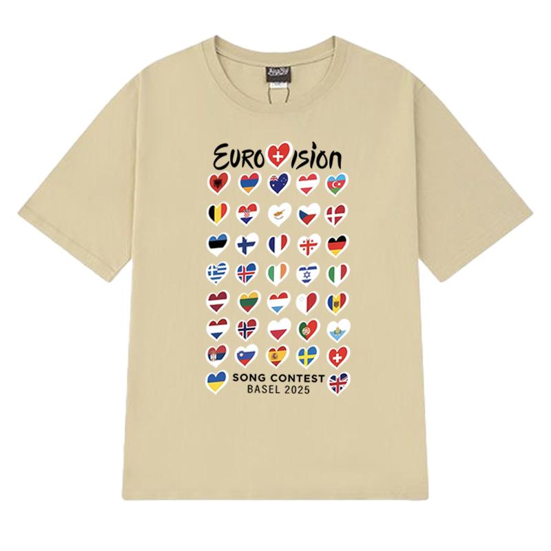 Summer Fashion Eurovision Song 2025 Flags printed T Shirt New Unisex Oversized short sleeve T-shirts Unisex 100% Cotton clothing