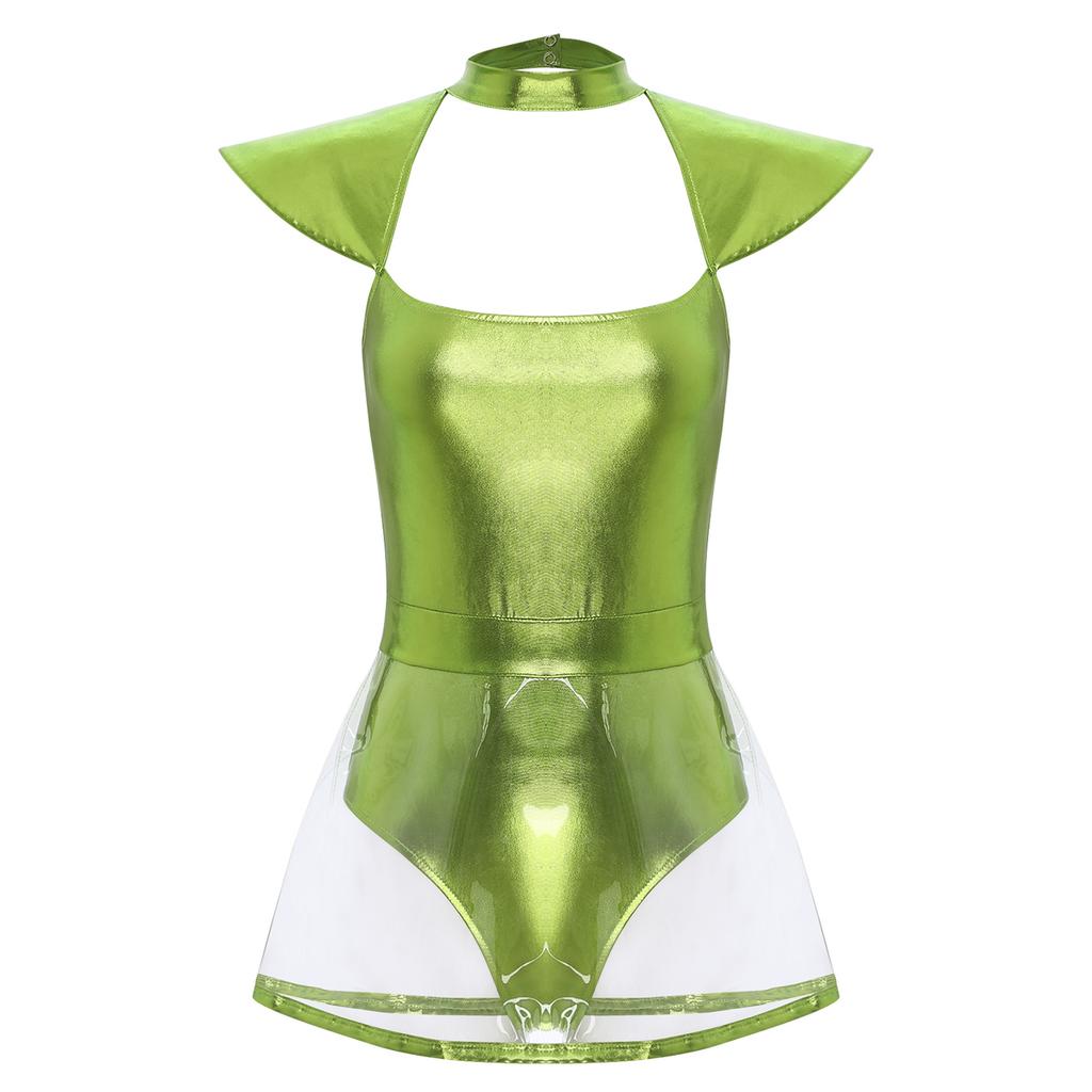 Womens Space Alien Cosplay Costume Fly Sleeve Cutout Briefs Bottom PVC Skirt One Piece Bodysuit Carnival Wear