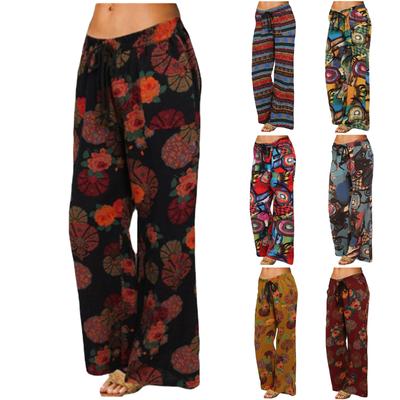 Women's Casual Print Cotton Linen Elastic Waist Drawstring Long Wide Leg Pants