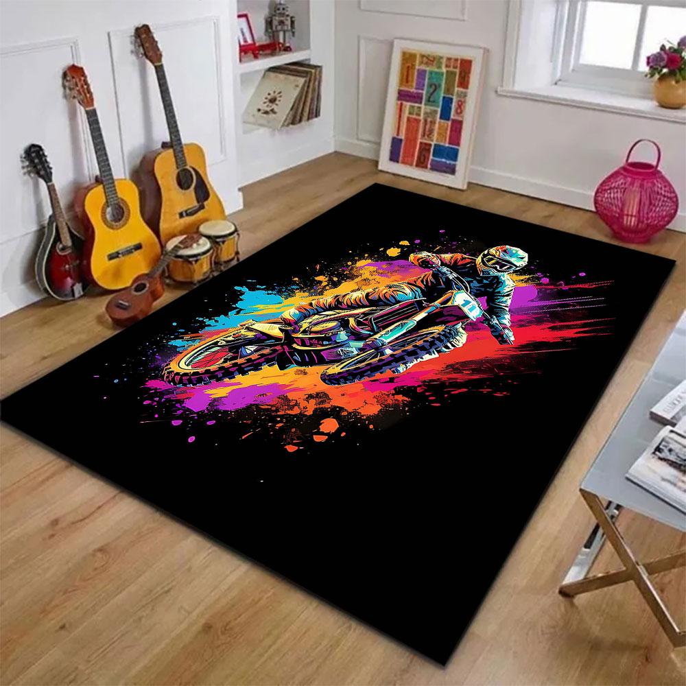 "Colorful Motocross Rider on Black" Patterned carpet, suitable as a non slip play mat for the living room and bedroom sofa