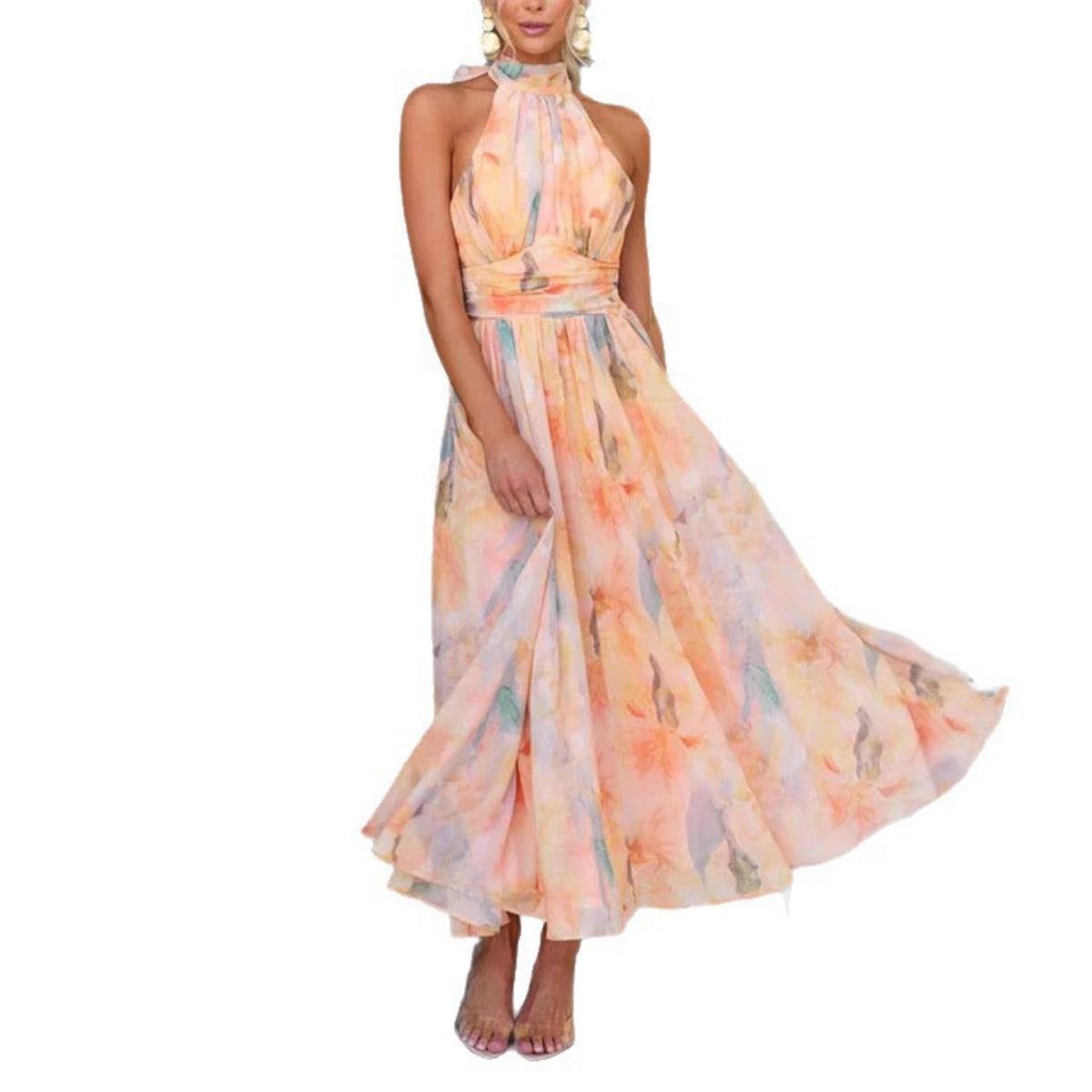 Women s Halter Neck Sleeveless Figure Print Loose Waist Slim Fit Fresh Style Maxi Dress A Line S