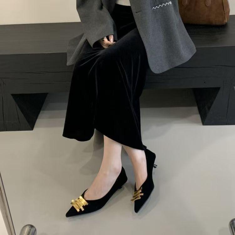 2026 commuter metal buckle single shoes women's high-end temperament suede pointed high heels