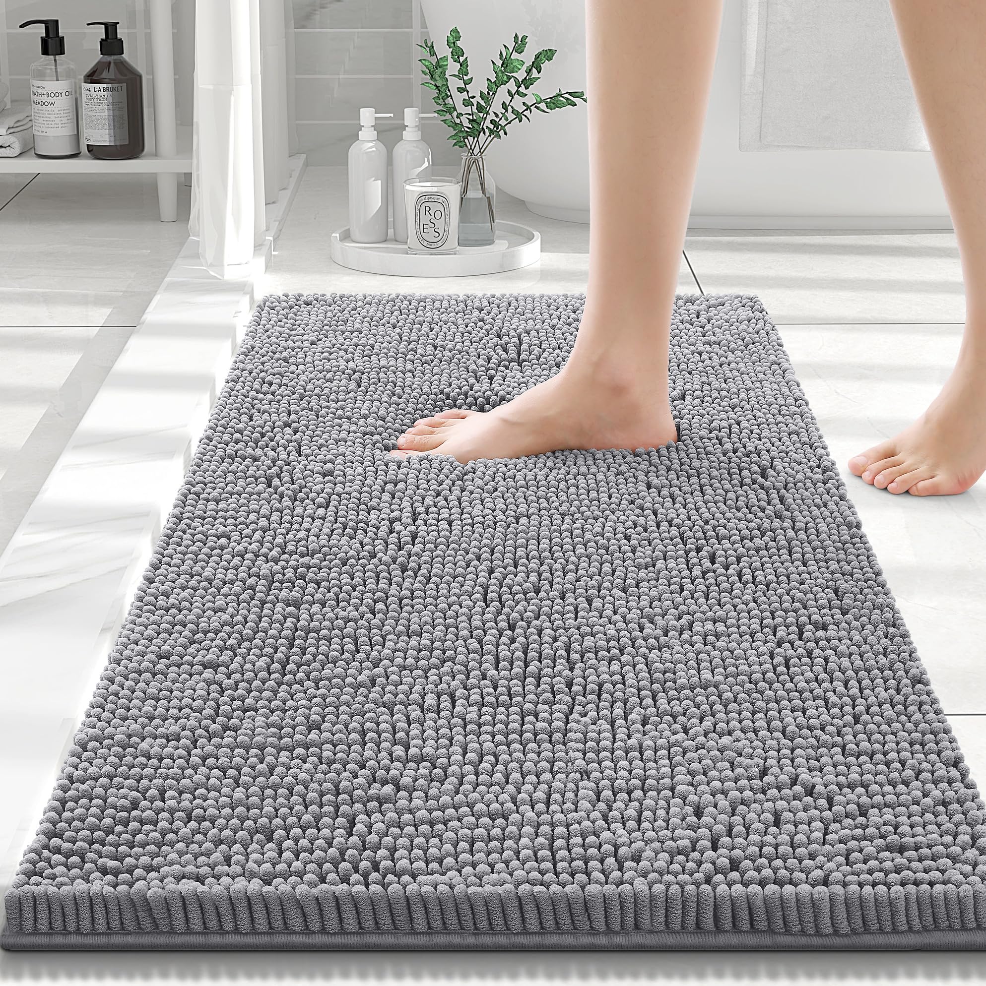 

Килимки для душу Kitinjoy Chenille, стійкі до бруду та абсорбуючі, для кухні та ванної кімнати, для прання у пральній машині, для вітальні 61x124cm(24X49inch) темно-сірий колір