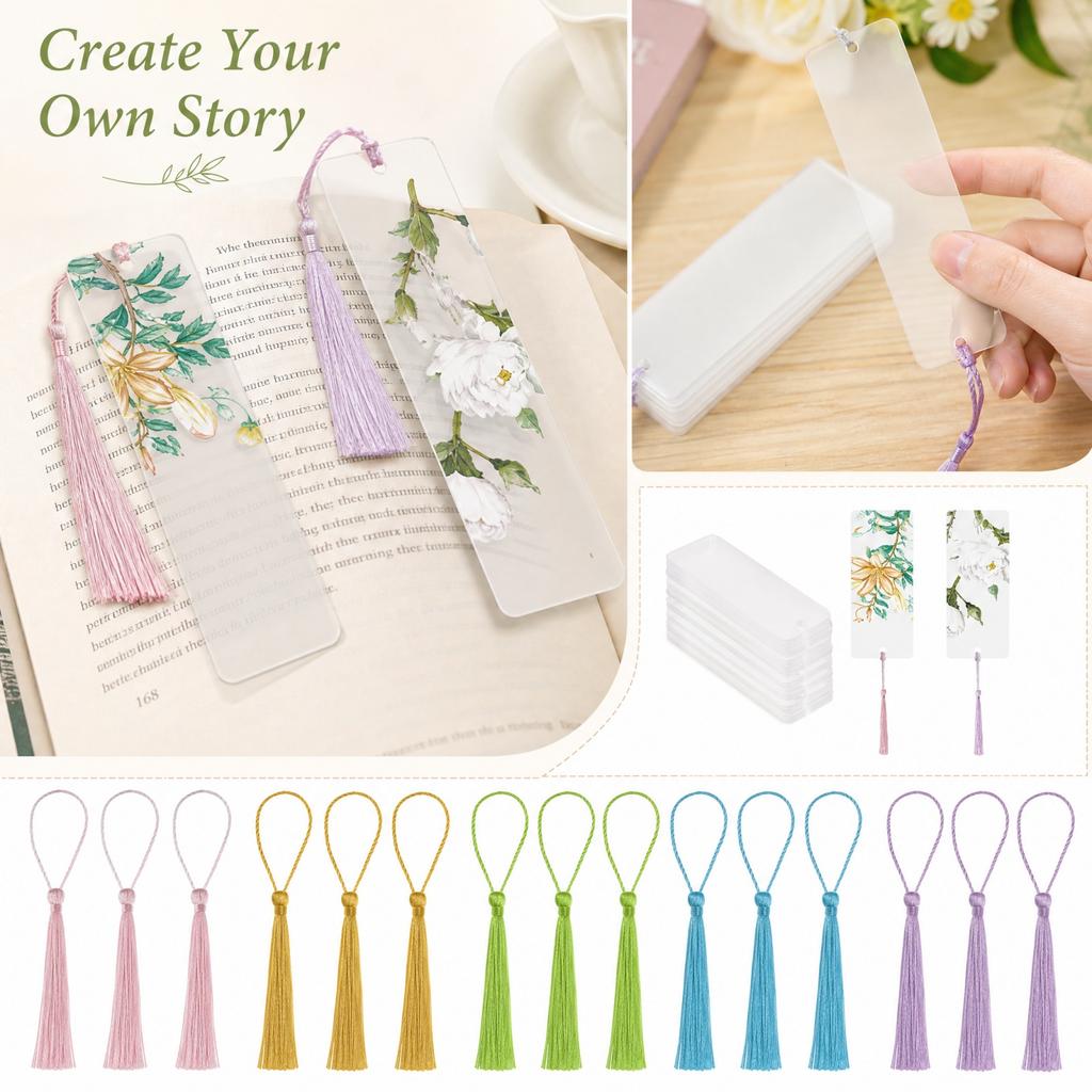 30 Stück Leere Klare Acryl-Lesezeichen mit Quasten, Kunststoff-Seitenmarkierer in Halbrund-, Rechteck- und Spitzformen, für DIY-Projekte und Geschenkanhänger