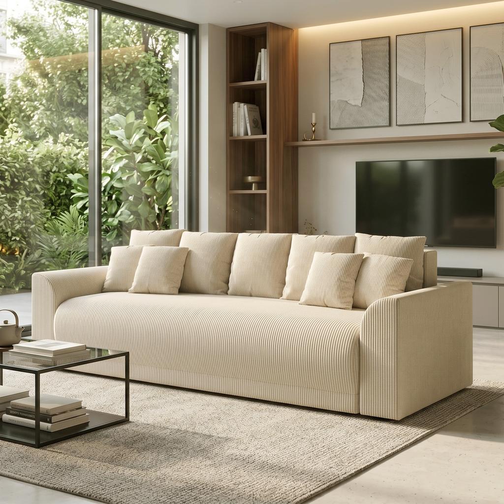 Sleeper Sofa 230 Cm 3-Seater Sofa with Sleep Function, Cushions, Storage, Corduroy Look for Living Room, Beige