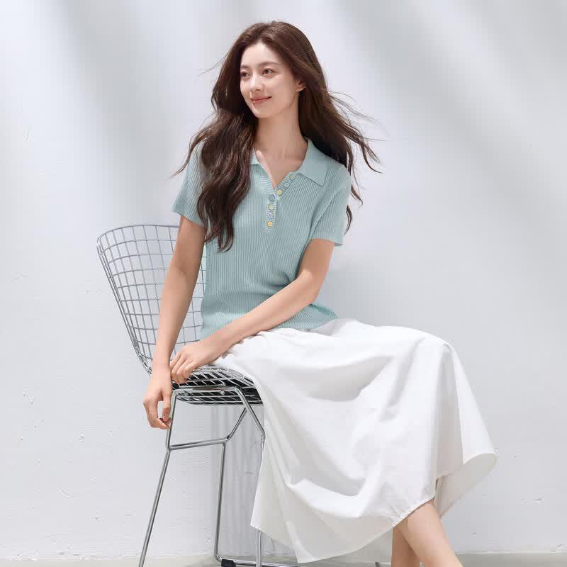 Sancai Plus Size Linen Lyocell Button-Down Knit Top