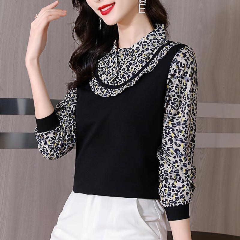 Original Design Niche Characteristics Senior Fashion Shivering Leopard Montage Fake Two Pieces Women's Top Spring Autumn 2024