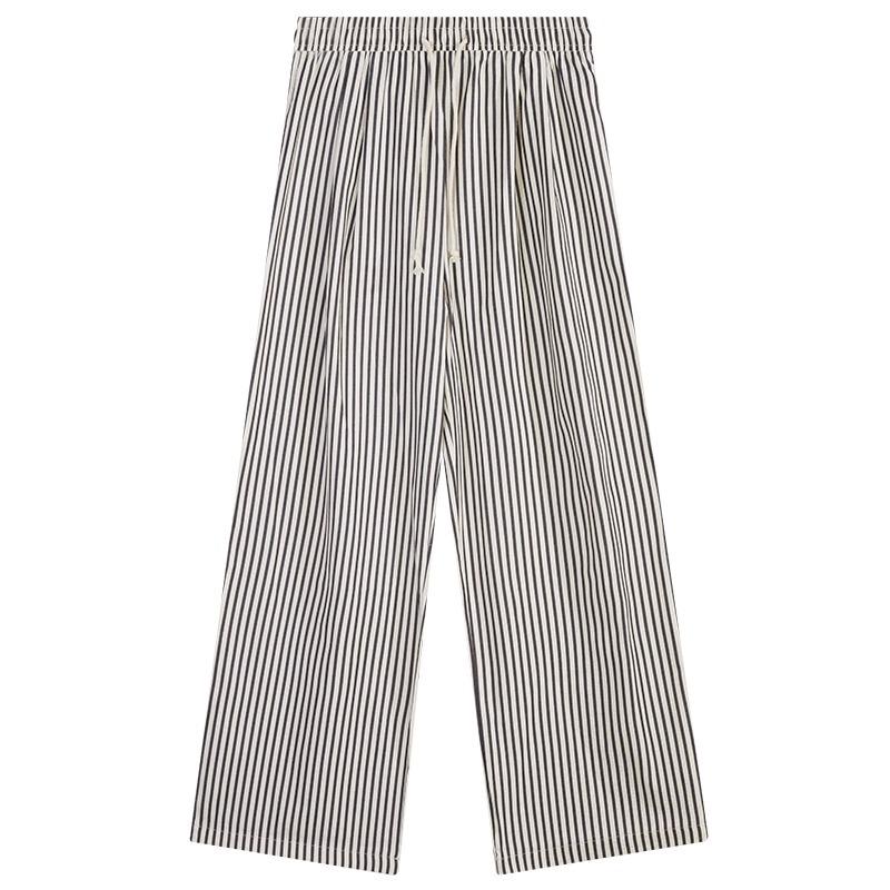 Women's High-Waisted Wide-Leg Black & White Striped Pants - Summer Petite, Slimming, Thin, and Loose Fit, 145cm