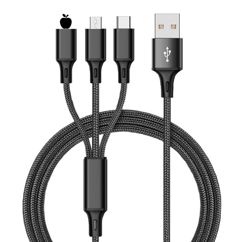 Nylon Braided 3-in-1 Fast Charge Cable for Apple, Android, and Type-C Devices (3A)