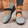 Fashion Hollow Out Breathable Single Shoes Summer New Slip On Round Toe Shallow PU Leather Soft Sole Mid Heel Pumps Zapatos De Mujer