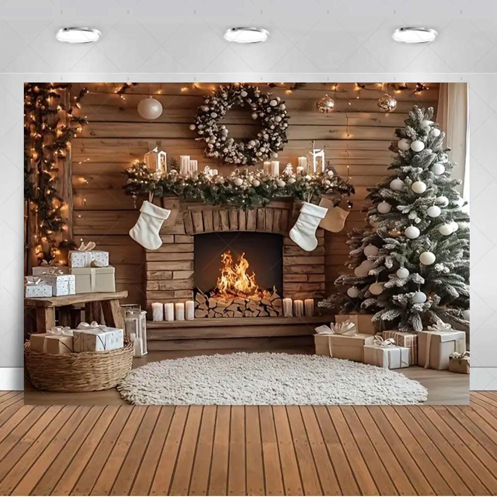 White Christmas Snow Scenery Background Xmas Tree Garland Gifts Photography Backdrop Family Xmas Party Decoration Photo Studio