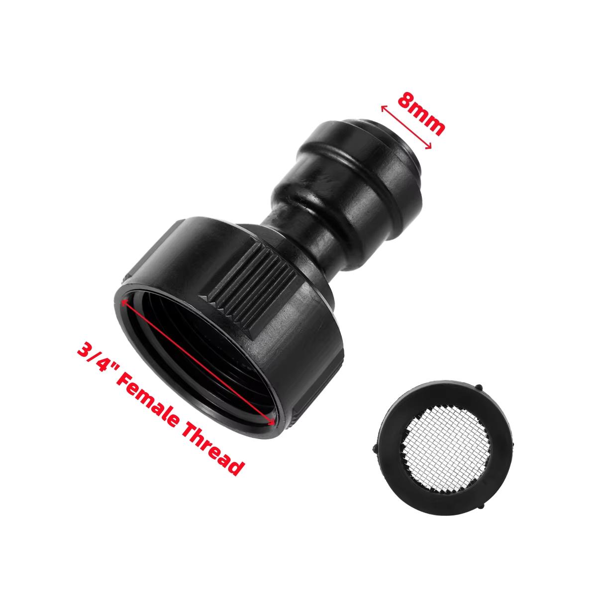 

3/4 Female Thread Faucet Joints with Mesh Filter 8mm Pipe Black Garden Lawn Plants Flowers Irrigation Quick Connectors 1/10Pcs 1Pc