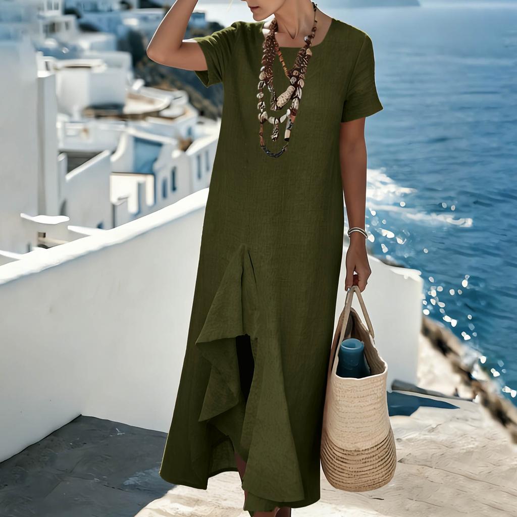 Women’s Short Sleeve Round Neck High Low Hem Maxi Dress with Front Slit Relaxed Fit Casual Style for Everyday Wear
