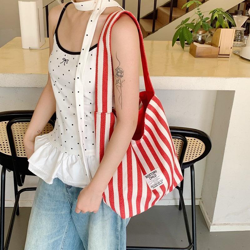 Striped Double-sided Tote Bag Women's Lazy Wind Contrasting Color Shoulder Bag Large Capacity Leisure Commuting Versatile Shoulder