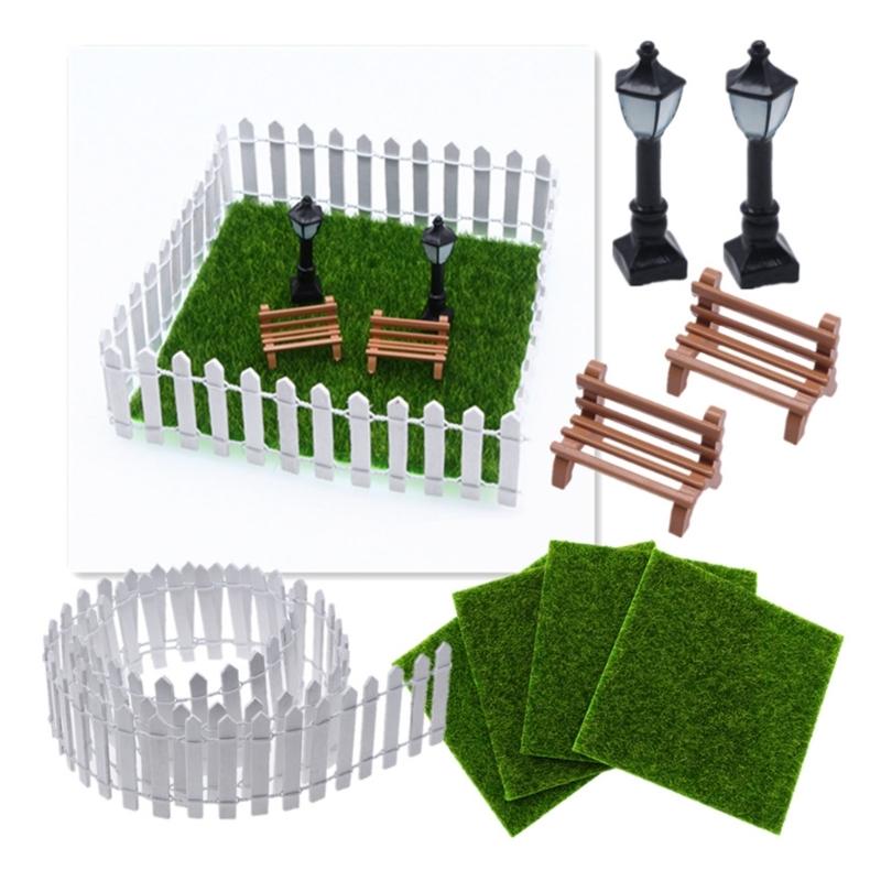 Artificial Grass Miniature Garden Decorations Dollhouse Garden Furniture Park Bench Street Lantern Landscape Ornament