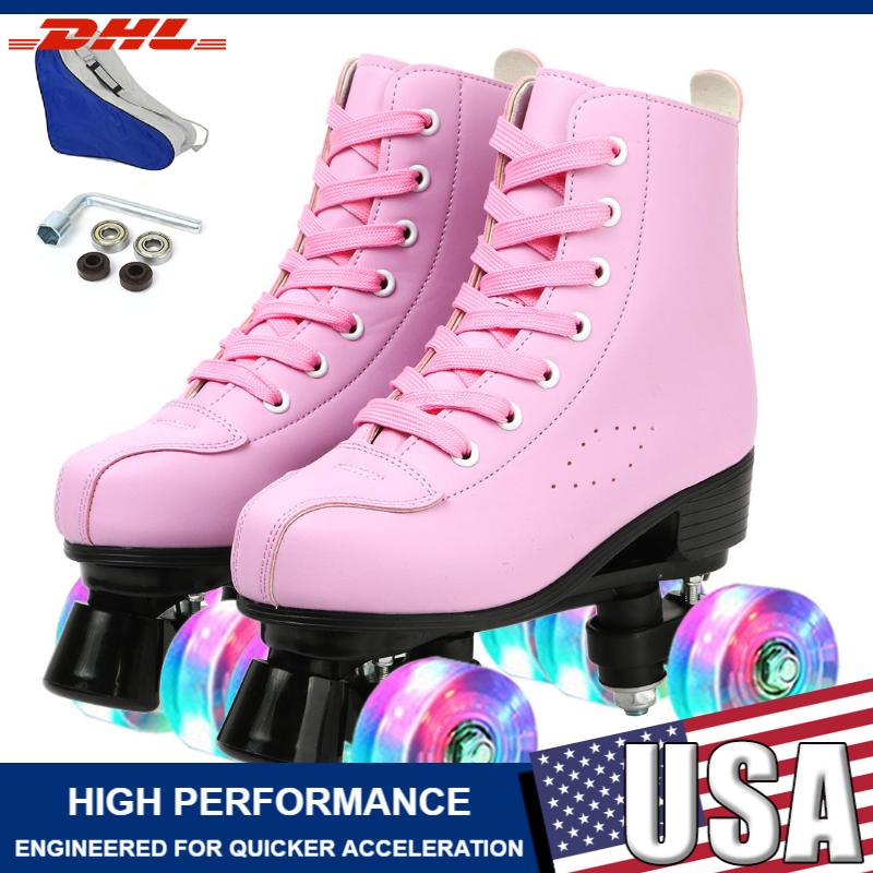 YYW Women Men Adult Two Line Skating Shoes With 4 Wheel Training Sneakers Purple Green Pu Leather Roller Skates Double Row Shoes