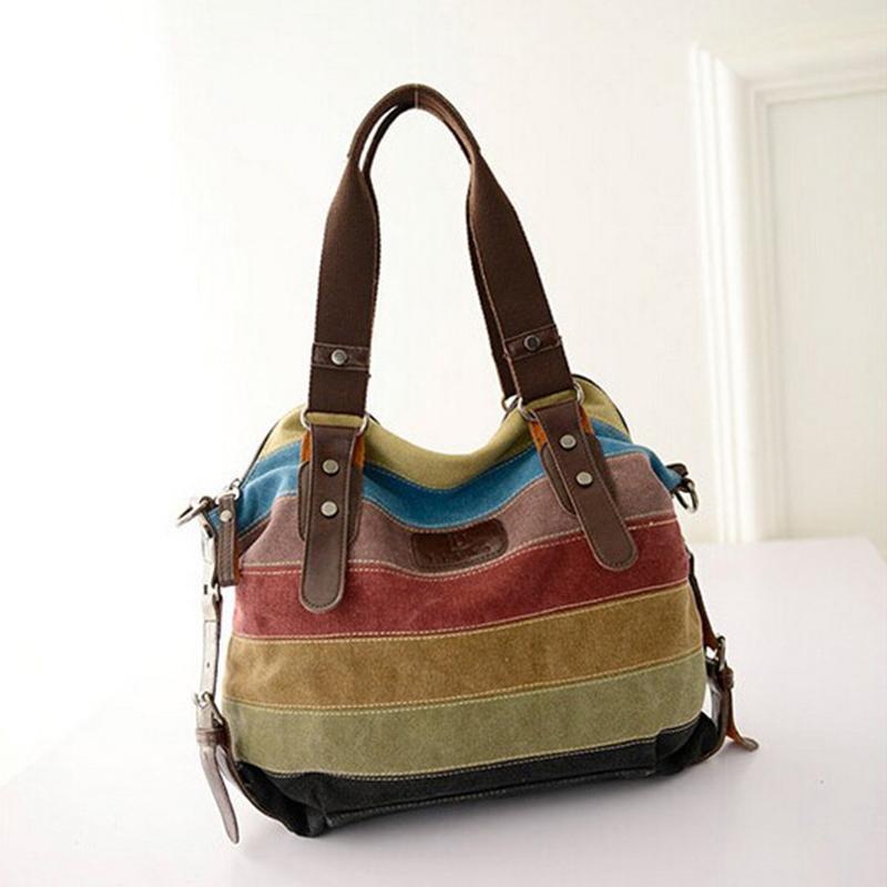 Canvas Totes Striped Womens Handbag Patchwork Rainbow Shoulder Bag  Fashion Female Casual Crossbody Bag