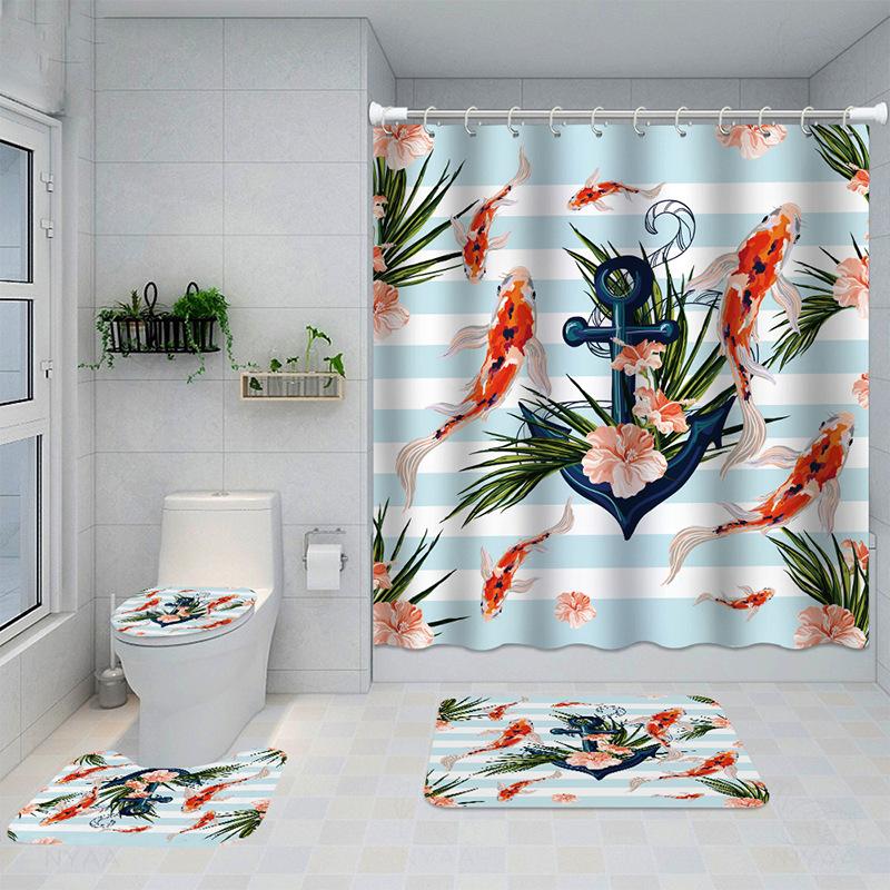 Dolphin 3D Digital Printing Shower Curtain Shower Curtain Dolphin Non-Slip Mat Four-Piece Set