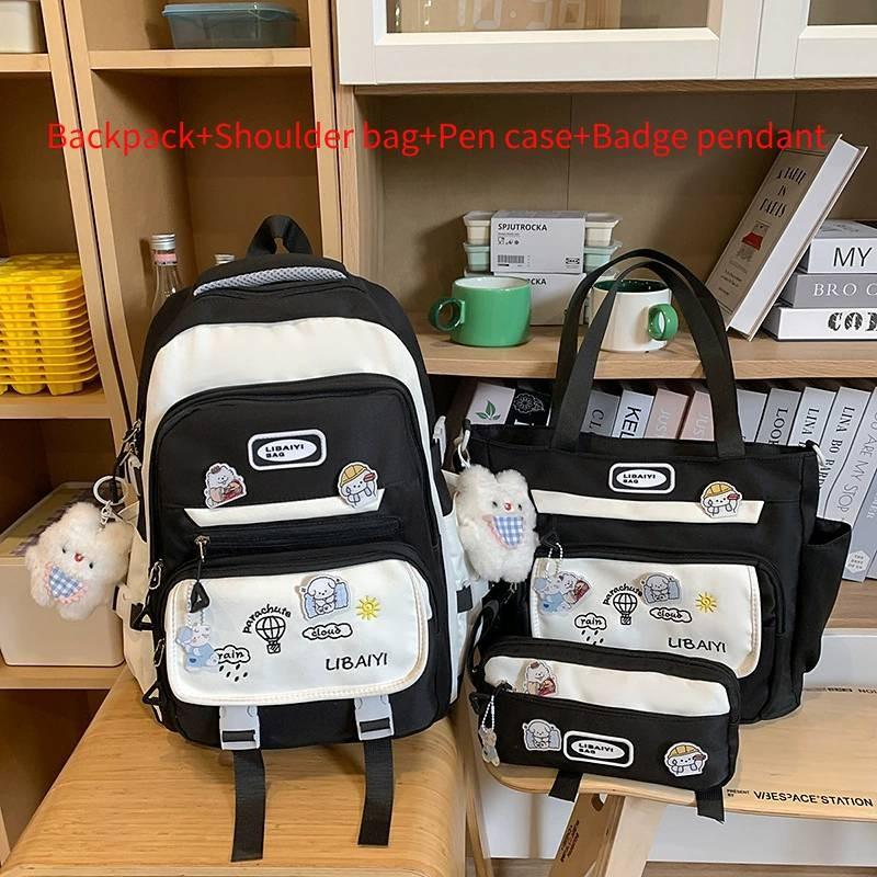 Color Blocked Embroidery Student Backpack Shoulder Bag Pencil Case Set For Casual Summer Wear