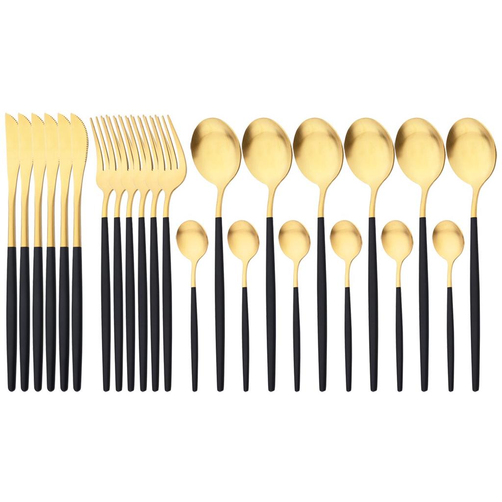 24pcs Black Cutlery Set Dinner Knives Fork Tea Spoon Dinnerware Matte Stainless Steel Tableware Flatware Kitchen Silverware Set