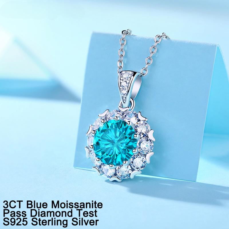 D Color 3 Carat Blue Moissanite Necklace Pendant for Women Fine Lab Diamond Gemstone S925 Pure Silver Neck Chain Jewelry